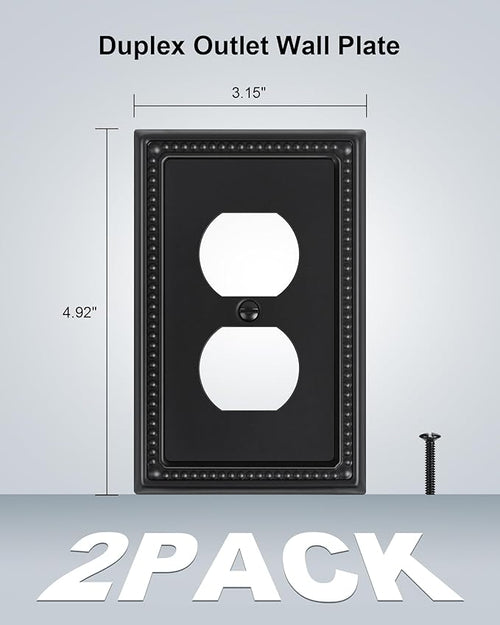 2-Pack Duplex Outlet Cover, Black Metal Wall Plates for Electrical Outlets, 1 Gang Receptacle Light Switch Cover, Pearls Beaded Decorative Switch Plates and Outlet Covers