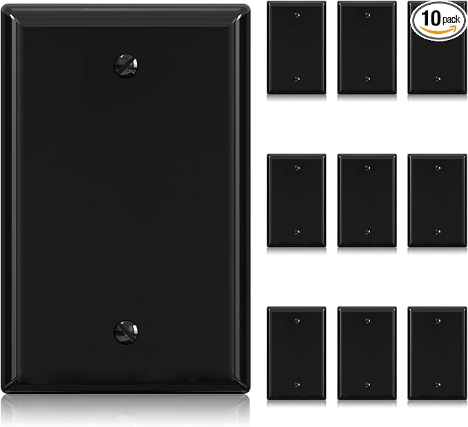 ELEGRP 1-Gang Blank Device Wall Plates, Mid-Size 4.88" H x 3.13" L Unbreakable Thermoplastic Blank Faceplate Cover for Unused Outlets/Switches, UL Listed (10 Pack, Glossy Black)
