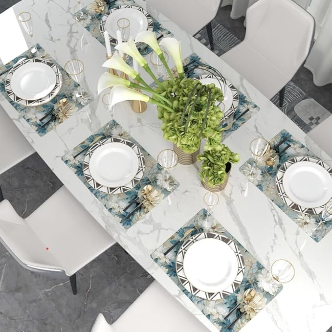 12"x18" Vintage White/Blue/Green Peony Florals Placemats Set of 4 Washable Thick Place Mats Kitchen Table Mats Decorative Linen Fabric Table Mat for Dining Table Kitchen Home Decor
