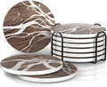 UMIRRO Ceramic Coasters for Wooden Table, Absorbent Drink Coasters with Holder for Tabletop Protection, Rustic Country Farmhouse Coasters w/Brown Wood Texture for Cups & Glasses, Coffee Bar Accessory