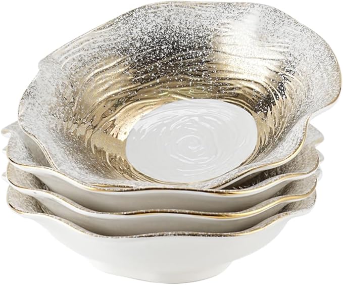 Set of 4 Lotus Edge Ceramic Bowls, 9.3-Inch Gradient Gold Design Soup Bowls with Wavy Rim, 23.5cm Food-Safe Porcelain for Dining & Gifting