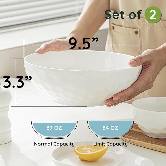 HOMBENE Large Pasta Bowls Set of 2, 9 Inch Pasta Serving Bowl Dinner Bowls, Wide and Shallow Microwave Dishwasher Safe Bowl Set of 2