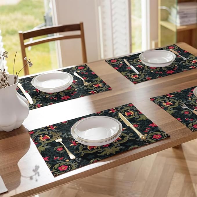 12"x18" Black Navy Red Flowers Damask Leaf Vintage Placemats Set of 4 Washable Thick Place Mats Kitchen Table Mats Decorative Linen Fabric Table Mat for Dining Table Kitchen Home Decor