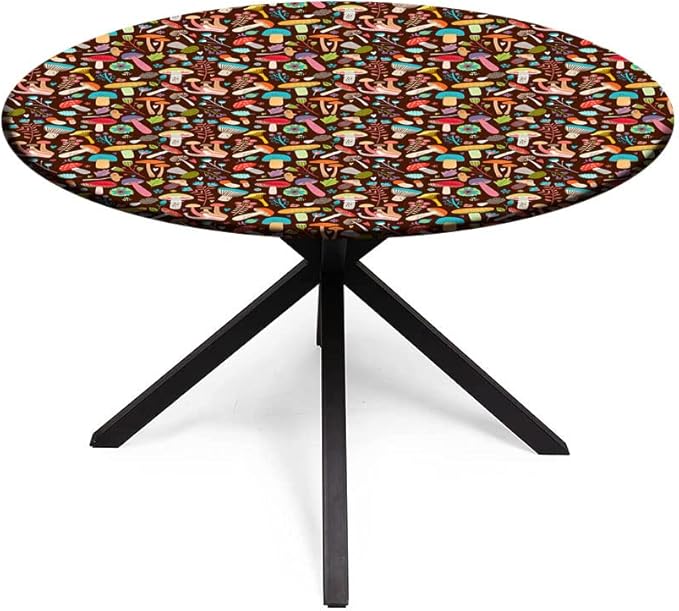 Small Round Tablecloth, Mushrooms Washable Polyester Table Cloth for, Attractive Various Cartoon Leaves and Mushrooms Graphic, Fit Round Tables 32inch Diameter, for Xmas/Parties/Home, Brown