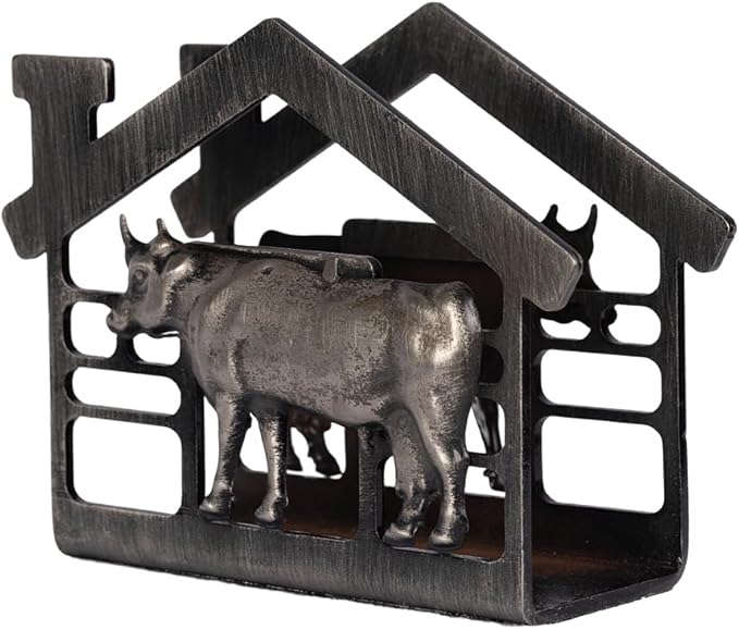 Metal Napkin Holder for Table, Antique Cow Farm Style, Rustic Vertical Tissue Napkins Holder for Paper Napkins (Cow/Black)