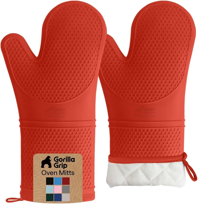 GORILLA GRIP BPA-Free Soft Silicone Oven Mitts, 14.5x8.3, Heat Resistant and Waterproof Cooking Gloves, Thick Cotton Lining, Flexible Gripping for Baking Grilling, Kitchen Potholders Set of 2, Coral