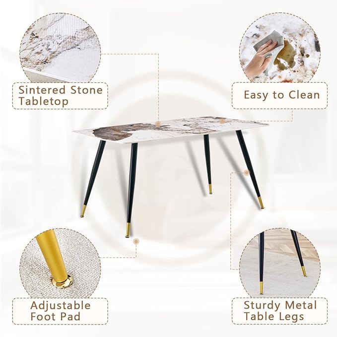 Table and Chairs Set of 4, Dining Room Table Set for 4, Sintered Stone Kitchen Table Top and Modern Chairs Set of 4 for Kitchen Dining Room