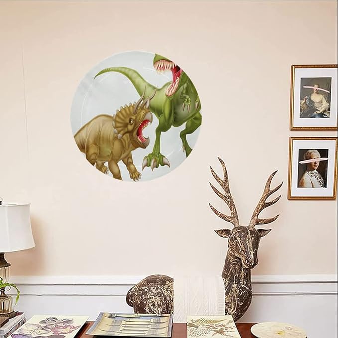 Decorative Plates, Dinosaur Print Ornament, Rex Versus Triceratops Scaring Each Other, 7 Inch, 1 Plate with 1 Display Stand, Green Pink Pale Brown
