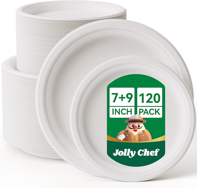 JOLLY CHEF Compostable Heavy Duty Plates 𝟳 𝗶𝗻𝗰𝗵 𝗮𝗻𝗱 𝟵 𝗶𝗻𝗰𝗵 [𝟭𝟮𝟬 𝗣𝗮𝗰𝗸] Eco-Friendly Disposable Paper Plates Bagasse Biodegradable Sugarcane for Party Hot Coold Food Christmas(White)