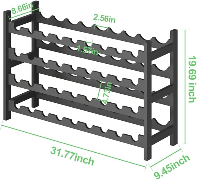 Wine Rack Freestanding Floor, Bamboo 4-Tier 33 Wine Bottle Holder Racks Countertop Cabinet Display, Wooden Stackable Modular Wine Storage Organizer Shelves for Kitchen Bar Cellar Dining Room Black