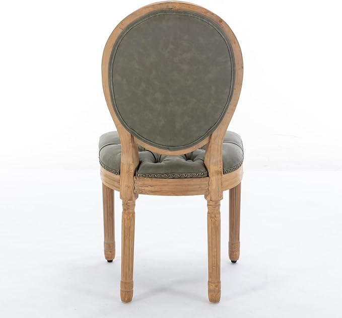 Ball & Cast French Vintage Upholstered Dining Chairs Set of 2, Button Tufted Kitchen Side-Chairs with Carved Antique Wood Frame & Nailhead Trims, PU-Leather Curved Backrest Louis Chair, PU Green