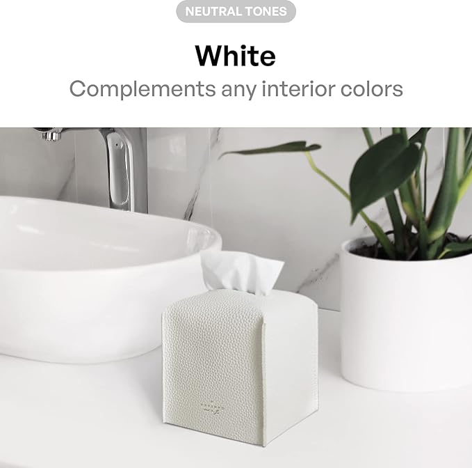 Carrotez Tissue Box Cover, Refined Modern PU Leather Square Holder - Decorative Holder/Organizer for Bathroom Vanity Countertop, Night Stands, Office Desk & Car 5"X5"X5" White