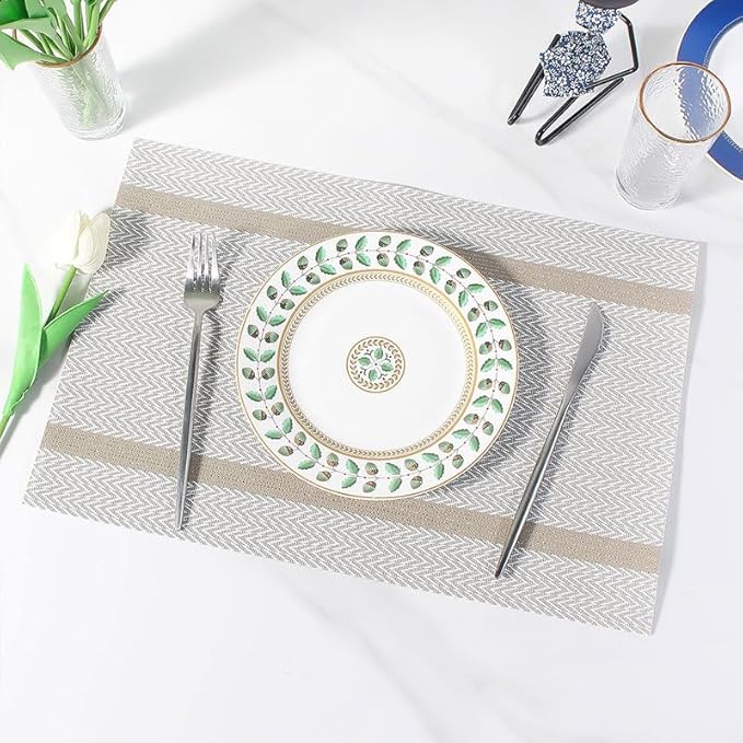 FAVE Placemats Set of 12 White Placemat Woven with Golden Thread Vinyl Placemats for Wedding, Banquet, Birthday, Party, Restaurant Decorations(White, 12"x18"-12PCS)