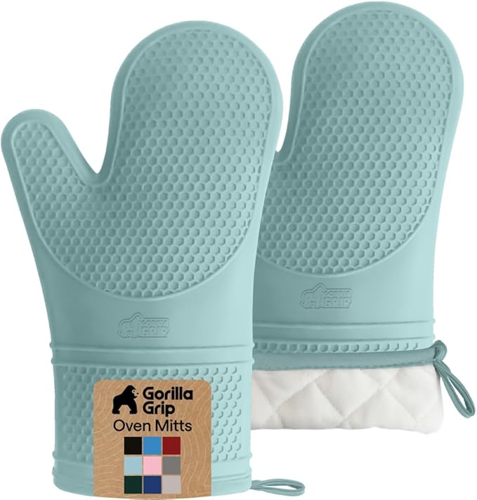 GORILLA GRIP BPA-Free Soft Silicone Oven Mitts, Heat Resistant and Waterproof Cooking Gloves, Thick Cotton Lining, Flexible Gripping for Baking Grilling, Kitchen Potholders Set of 2, 12.5x8.3, Mint