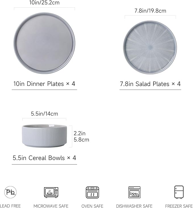 Dinnerware Sets for 4, Ceramic Plates and Bowls Set 12 Piece Dinnerware Chip Resistant Stoneware, Dishwasher and Microwave Safe-Blue