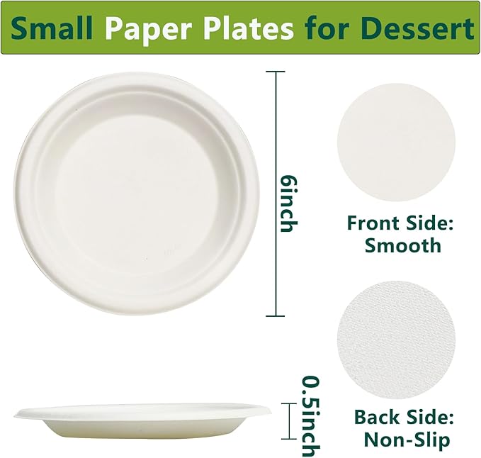 6 Inch Small Paper Plates, 300 Pack Disposable Compostable Dessert Plates Made from Sugarcane Fibers, Eco-Friendly, White