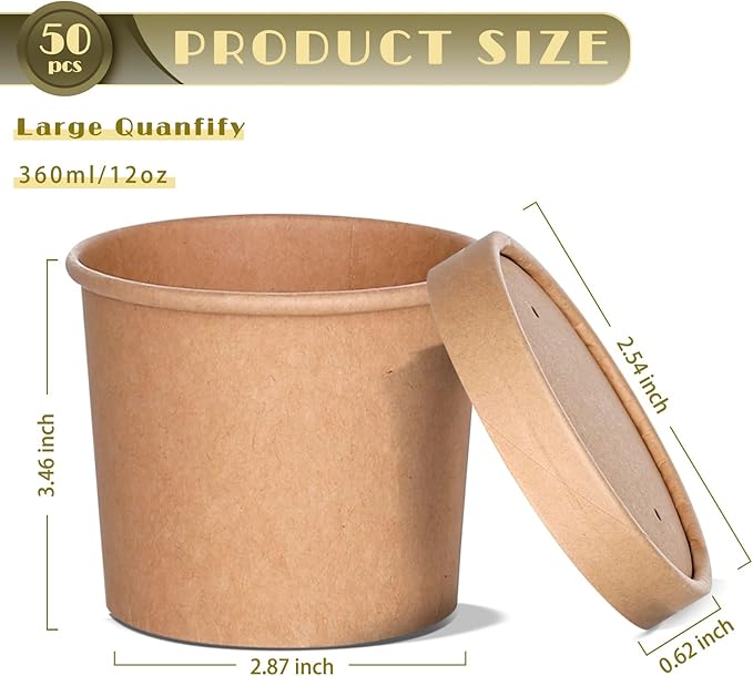 DI QIU REN 50 Pack 12oz Soup Containers with Vented Lids, Disposable Paper Soup Bowls Ice Cream Soup Cups, Microwavable and Freezer Safe for Hot Drinking, Food, Ice Cream (50 Pcs - Kraft, 12 oz)