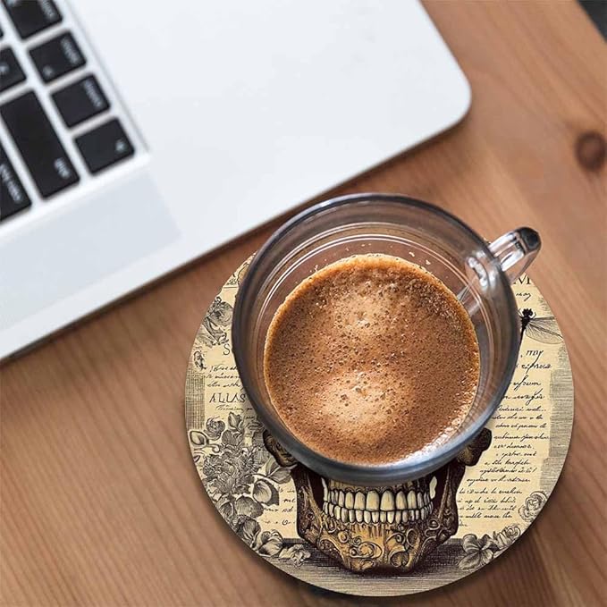 Vintage Head Skull Cup Coasters for Table Retro Floral Background Death Smile Antique Reusable Drink Coasters Set 2 Pcs Coffee Home Farmhouse Living Room Bar Decor