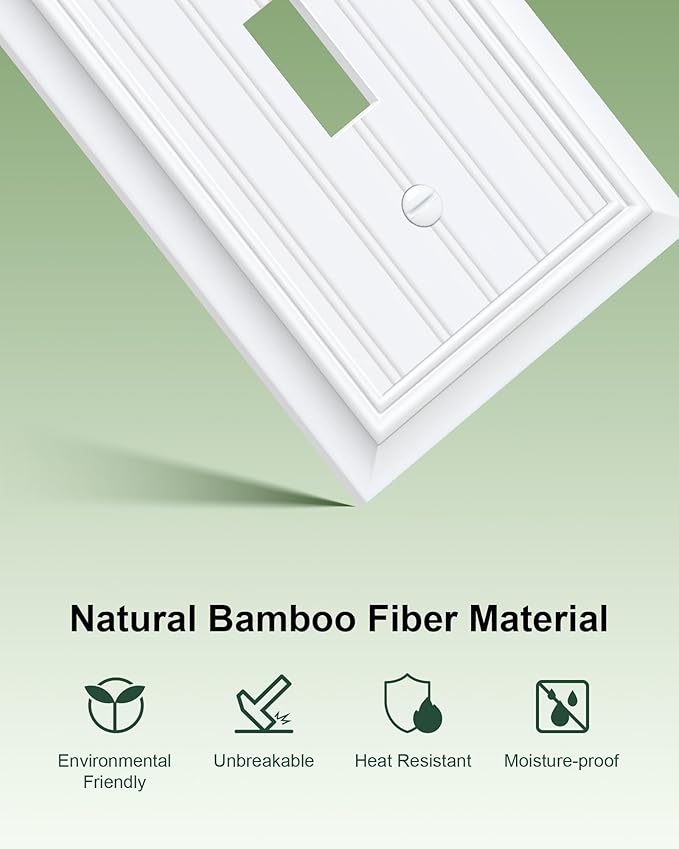 2-Pack Classic Beadboard Single Toggle Light Switch Cover Plate, Durable Natural Bamboo Fiber Decorative Switch Plate Covers, Pure White 1 Gang Wall Plate