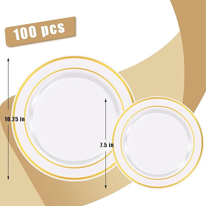 Zcaukya 100PCS Gold Plastic Plates, Disposable Plastic Dishes with Gold Rim in Bulk, 50 Pcs Each 10.25 Inch and 7.5 Inch for Dinner, Birthday and Wedding