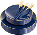 Liacere 150PCS Blue Plastic Plates - Gold Plastic Silverware with Blue Handle - Navy Disposable Plates Include 30 Guests Plates,Forks,Spoons,Knives for Hanukkah & New Year & Washington's Birthday