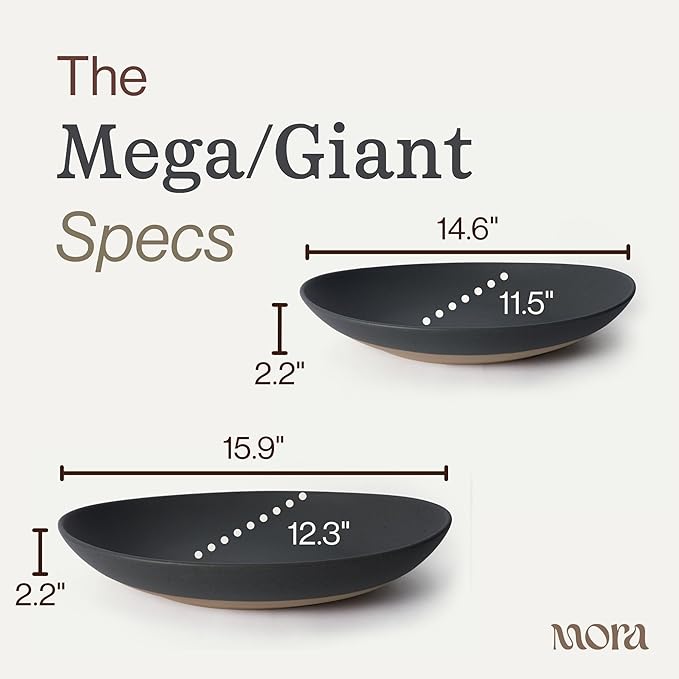 MORA Mega and Giant Serving Dishes Set of 2, 16 inch and 14 inch Ceramic Pottery Oval Platters - Microwave, Oven and Dishwasher Safe - Liquorice