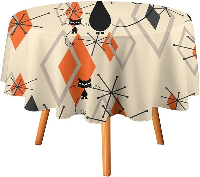 Retro Boho Modern Black Cat Round Tablecloth, Mid Century Boho Moon Abstract Geometric Leaf 50s 60s Style Tablecloth for Home Party Dining Room Kitchen Decor 36Inch(90cm)