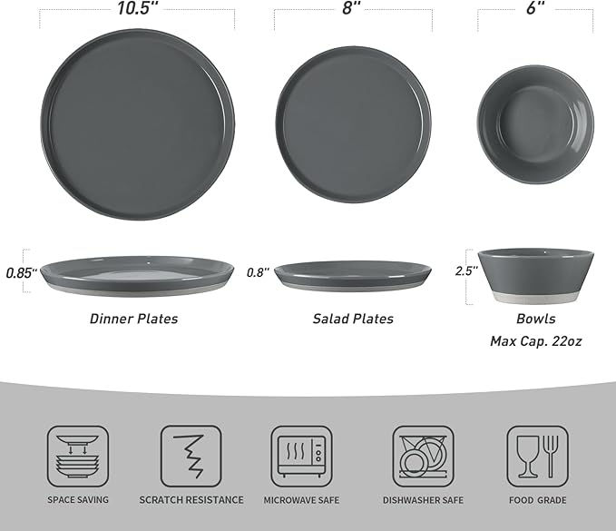 Famiware Saturn Dinnerware Sets for 4, 12 Pieces Stoneware Plates and Bowls Dish Set - Chip and Scratch Resistant, Microwave and Dishwasher Safe Tableware, Dark Gray