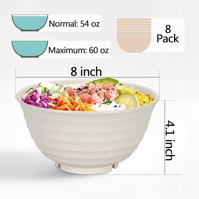 【NOT CERAMIC】60 Oz Big Salad Bowl Soup Bowl , Large Bowls for Eating Microwave and Dishwasher Safe BPA-Free Eco-Friendly Deep Cereal Bowls for Cereal, Salad, Ramen,Soup, Mixing [Set of 8]