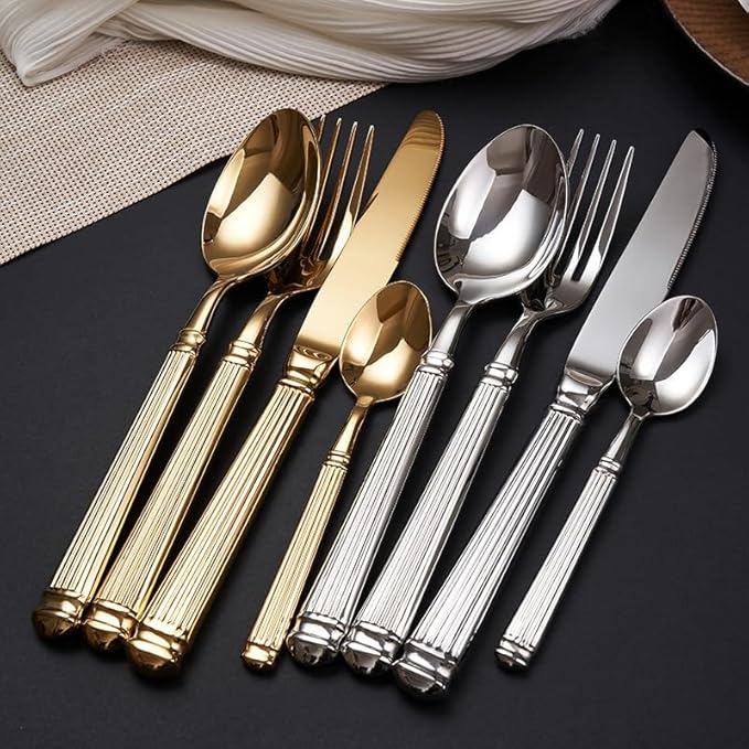 Silverware Set for 8 Flatware Set 32 Pieces Elegance Luxury Tableware Set Roman Column Handle Knives and Forks spoons 18/10 Stainless Steel Cutlery Utensil Sets for Home Restaurant Dishwasher Safe