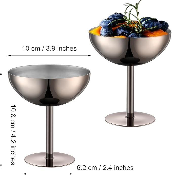 Ice Cream Bowls Stainless Steel Dessert Cups with Spoons Reusable Footed Sundae Cups Ice Cream Cups for Dessert, Frozen Yogurt, Gelato, Birthday Party Decorations (2, Black)