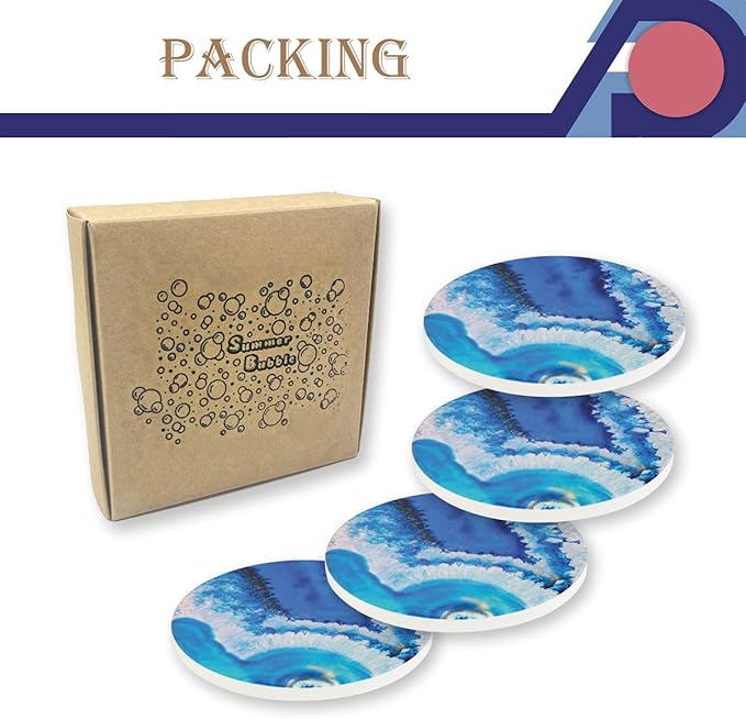 4-Piece Round Absorbent Ceramic Coaster Set with Cork Base – Durable Drink Coasters for Mugs, Cups, and Tabletop Protection (Azulejos)