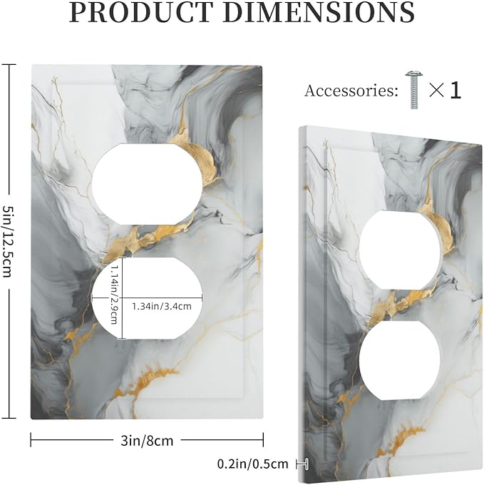 Outlet Covers Gray/Gold Marble Abstract Modern Luxury 1 Gang Duplex Light Switch Cover Plate Decorative Wall Plates Electrical Switchplate Receptacle for Bathroom Bedroom Decor（2 Pack）
