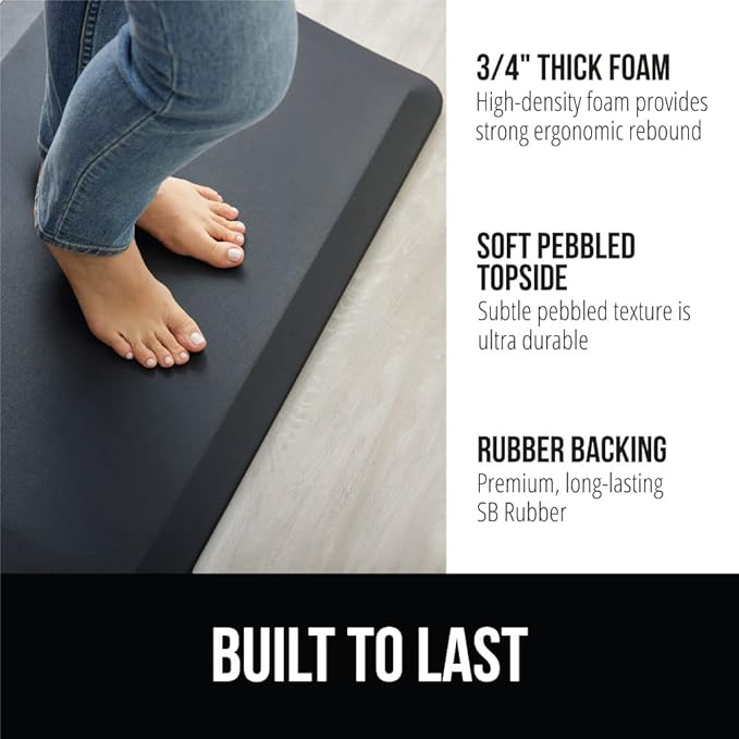 GORILLA GRIP Comfortable Cushioned Kitchen Mats for Floor, 58x20, Waterproof and Stain Resistant Soft Top, 3/4 Inch Thick Ergonomic Standing Desk Anti Fatigue Mat, Foam Supports Ankles and Feet, Black