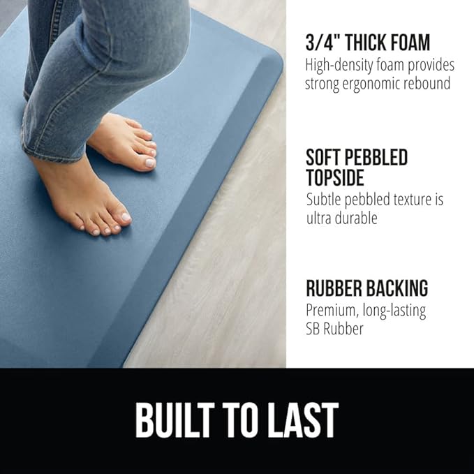 GORILLA GRIP Comfortable Cushioned Kitchen Mats for Floor, 39x20, Waterproof and Stain Resistant Soft Top, 3/4 Inch Thick Ergonomic Standing Desk Anti Fatigue Mat, Foam Supports Ankles, Feet, Sky Blue