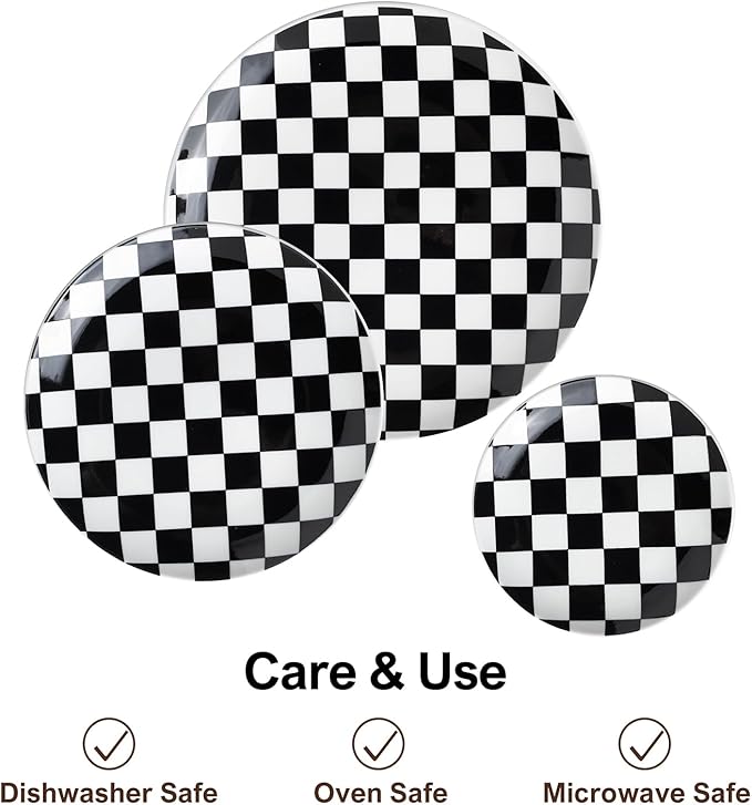 Ceramic Dinner Plates Set of 6-8 Inch Checkered Salad Plates, Microwave, Oven & Dishwasher Safe, Modern Minimalist Dessert Plates Geometric Black and White Plates for 6