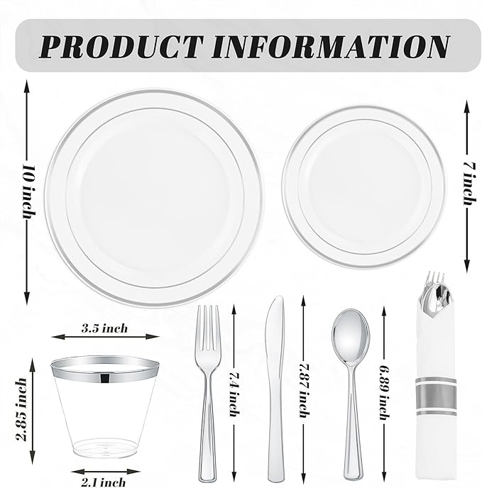 175PCS Sliver Plastic Plates - Silver Plates Disposable - White Plate with Silver Trim 25Guests Plastic Dinnerware Sets with Rolled Napkins for Wedding/Birthday/Valentine's Day