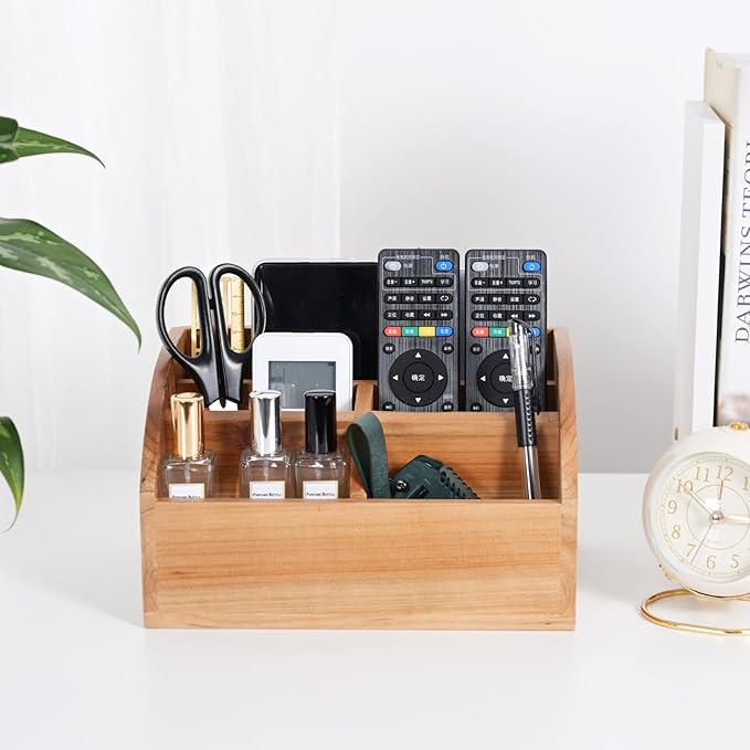 BONNY DODO Remote Control Holders Organizer Box for Table Small Solid Wooden Desk Farmhouse Home Decor Caddy Basket Store ipad for Media Player,Pencil,Glassees&Office Supplies (Wood-M, M)