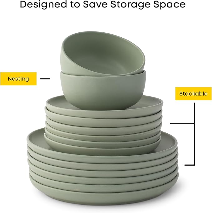 JoyJolt Mesa Stoneware Salad Plates, 8" Round Lunch Plates, Dishwasher and Microwave Safe Plate Set of 6, Modern Rustic Dinnerware, Appetizer Dessert or Dinner Sides Kitchen Dishes - Matte Sage Green