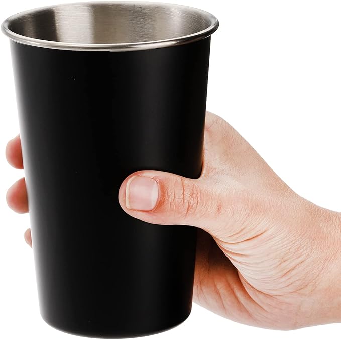 Tosnail 6 Pack 16 oz Stainless Steel Pint Cups Metal Cups Unbreakable Drinking Glasses Water Tumblers for Kids, Adults Indoor and Outdoor Use - Black