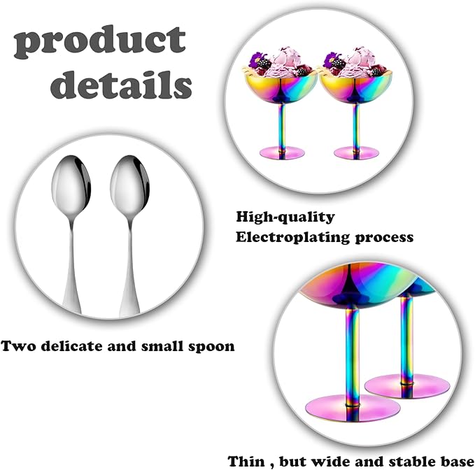 Ice Cream Bowls Stainless Steel Dessert Cups with Spoons Reusable Footed Sundae Cups Ice Cream Cups for Dessert, Frozen Yogurt, Gelato, Birthday Party Decorations (2, Colorful)