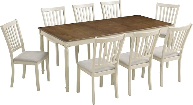 AMERLIFE 9-Piece Farmhouse Solid Wood Dining Table Set with 8 Upholstered Chairs, Roman Conical Legs, Seats up to 8, 79'' Dining Table & Chairs Set for Kitchen and Dining Room, Rustic Cream