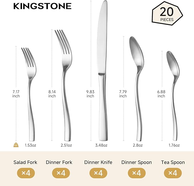 KINGSTONE 20-Piece Silverware Set for 4, Matte Stainless Steel Flatware Set with Forks, Knives, Spoons, Dishwasher Safe, Rust Resistant Cutlery for Home & Wedding
