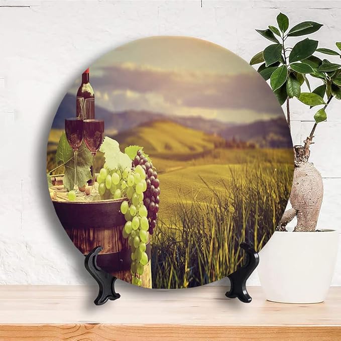 Ceramic Plates, Wine Decorative Ceramic Plates, Italy Tuscany Landscape Rural Vineyard, 6 Inch, Household Plates Decorative, Green Black Brown