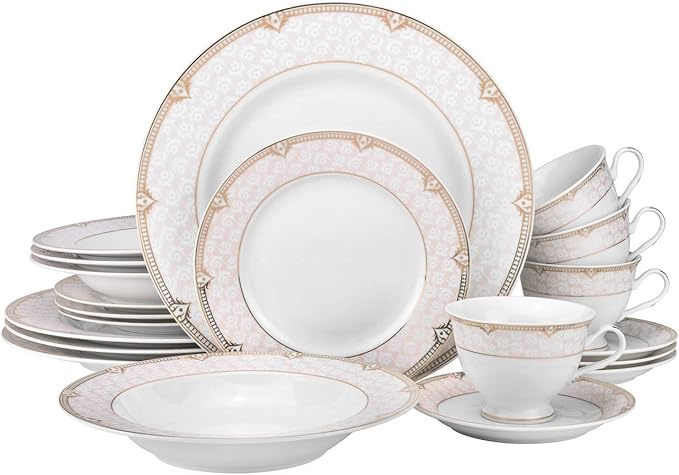 Euro Porcelain 20-pc Luxury Dinnerware Set w/ 24K Gold Ornament, HQ Dining Tableware Service for 4 (Sandra)