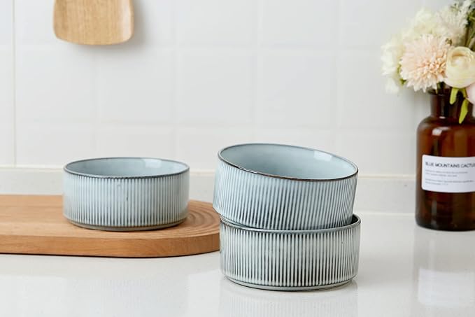 famiware Star Cereal Bowl Set, Soup Bowls Set of 6, Double Reactive Glaze, Stackable, 23 oz Deep Bowls Suitable for Cereal, Popcorn, Oatmeal, Dessert - Dishwasher and Microwave Safe, Smoky Blue