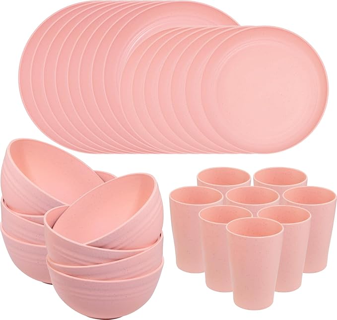 Supernal Pink Wheat Straw Dinnerware Sets,Unbreakable Dishes for 8, Plate and Bowls Sets, Reusable Plates, Dishwasher Safe Plates,Plastic Dinnerware Set, Pink Plastic Tableware
