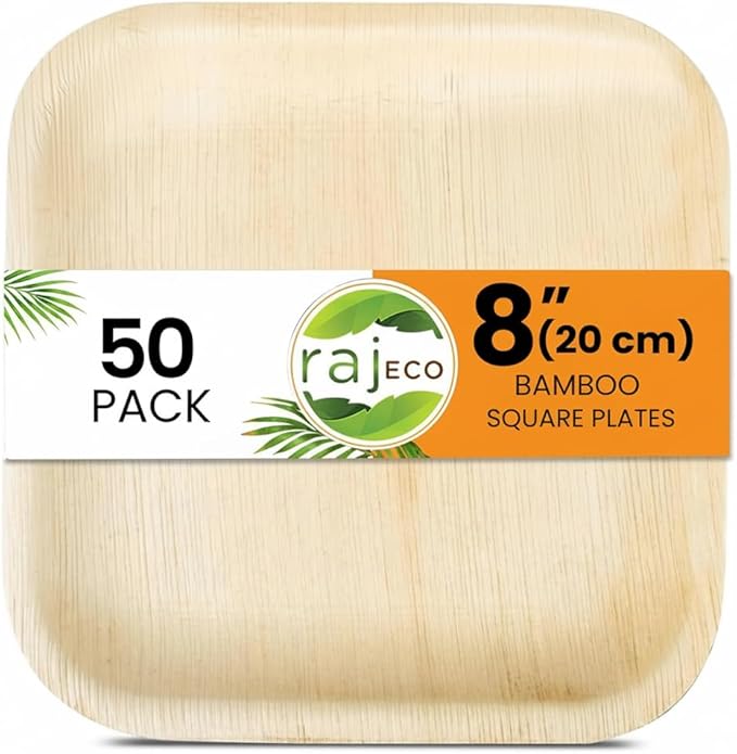 Raj Eco Compostable Palm Leaf Plates Like Bamboo Plates Disposable - 8 Inch Square 50 party plates, Natural wooden, Eco-Friendly, fancy Biodegradable & Disposable Dessert appetizer Plates