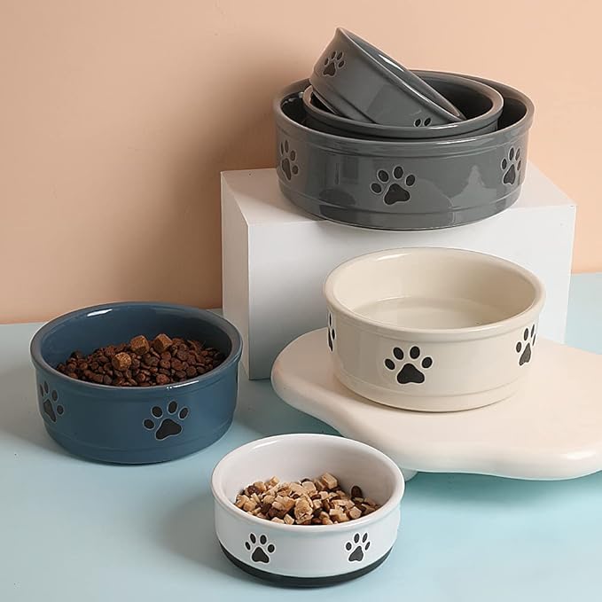 Sweejar Ceramic Dog Bowls with Paw Pattern, Dog Food Dish for Medium Dogs, Porcelain Pet Bowl for Water 35 Fl Oz (Gray)