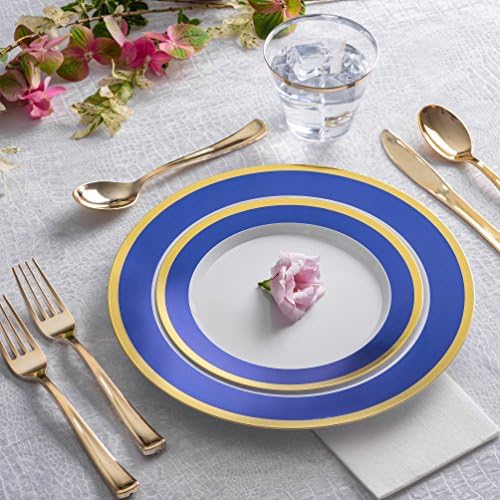 125-Piece White, Blue, and Gold Fancy Plastic Plates Disposable with Silverware, Elegant Dinnerware for Weddings, Holiday Party China, Set of 25 Dinner + Salad Plates, 25 Spoons, 25 Forks, 25 Knives - Image 3